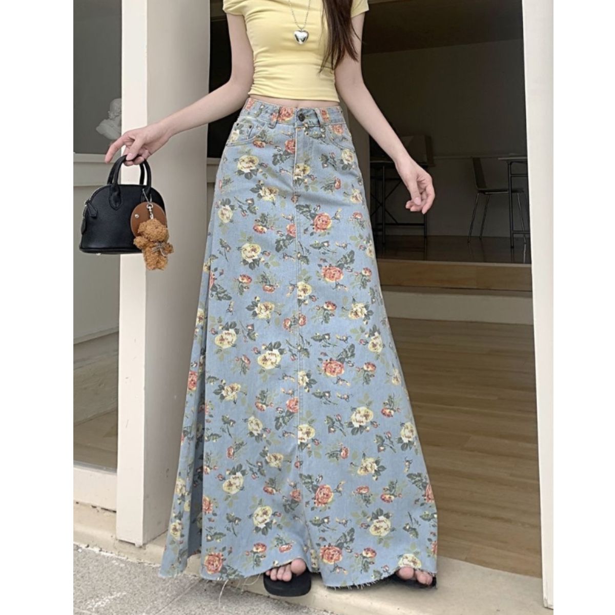 ベルシー Belle Cie スカート デニムスカート 花柄 レトロ マキシ丈 ロングスカート レディース 韓国ファッション ビンテージ おしゃれ 大人可愛い 体型カバー 春夏 （サックス） サックス