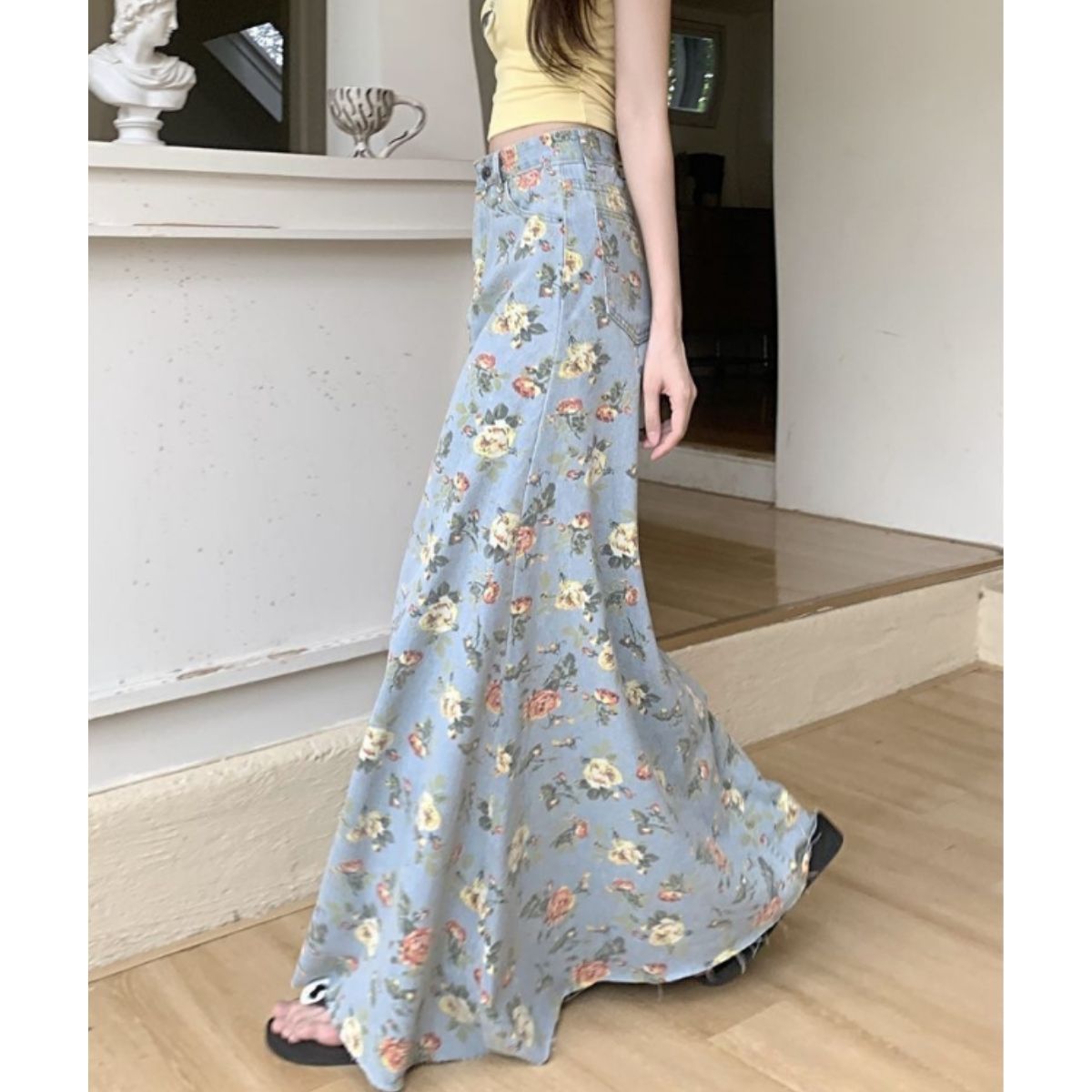 ベルシー Belle Cie スカート デニムスカート 花柄 レトロ マキシ丈 ロングスカート レディース 韓国ファッション ビンテージ おしゃれ 大人可愛い 体型カバー 春夏 （サックス） サックス