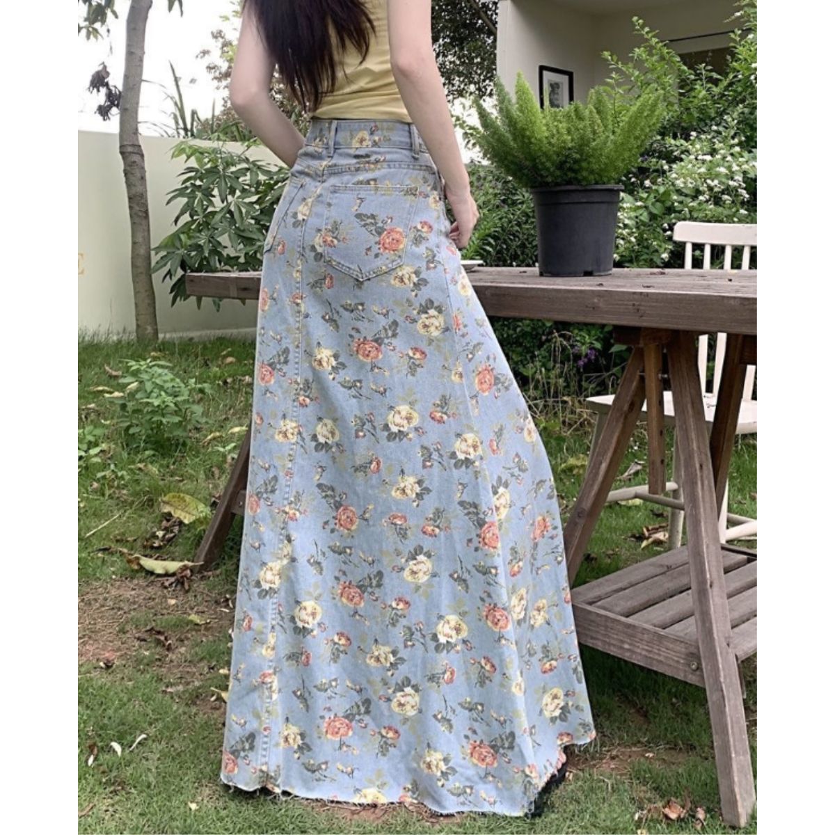 ベルシー Belle Cie スカート デニムスカート 花柄 レトロ マキシ丈 ロングスカート レディース 韓国ファッション ビンテージ おしゃれ 大人可愛い 体型カバー 春夏 （サックス） サックス