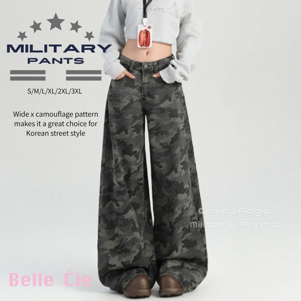 ベルシー Belle Cie ワイドパンツ Y2K 迷彩 カモフラ 総柄 ストリート ミリタリー レディース 韓国ファッション 個性派 おしゃれ かっこいい 主役パンツ ルーズ （グレー） グレー