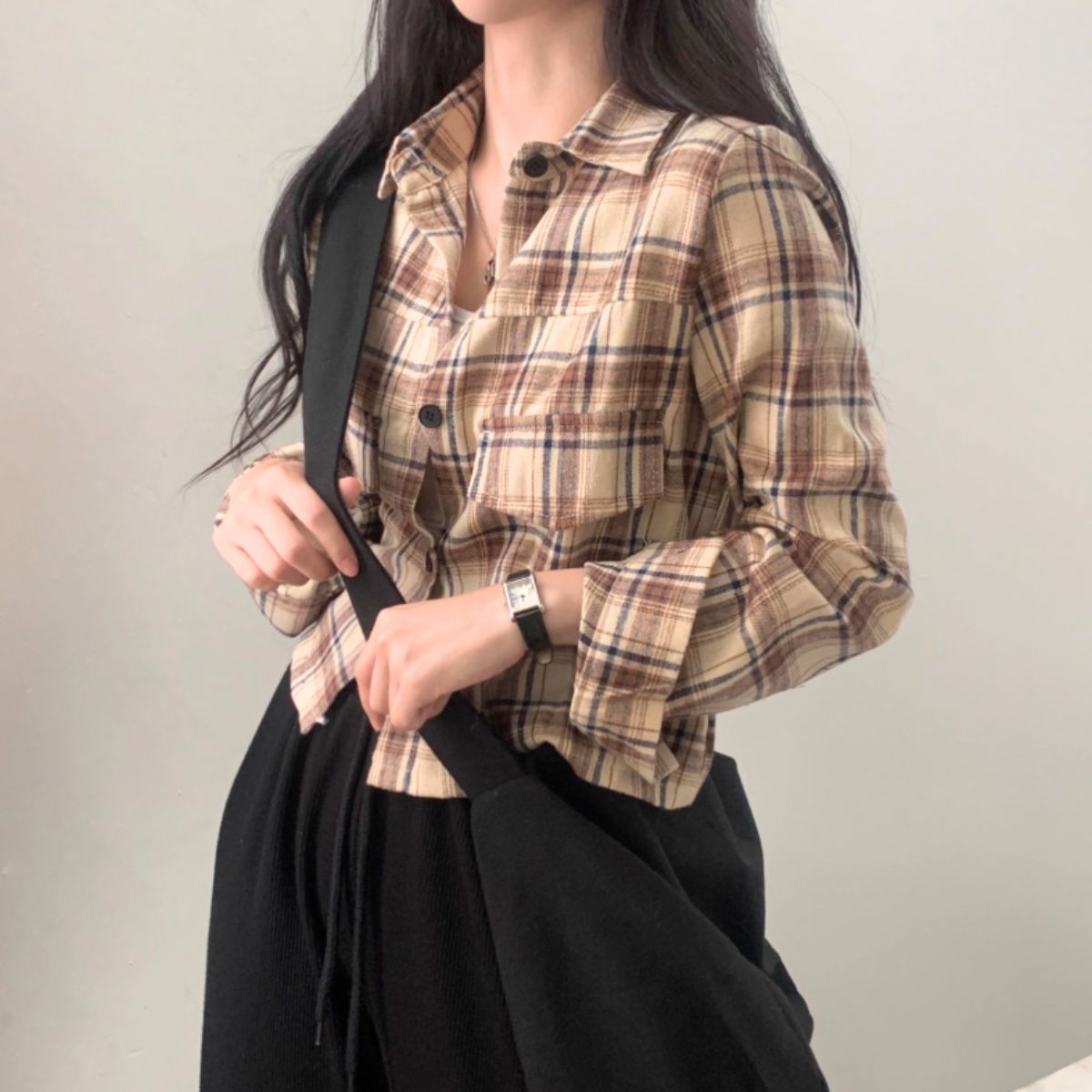 ベルシー Belle Cie シャツ 長袖 チェック クロップド丈 ショート丈 羽織り 春秋 冬 レディース 韓国ファッション 大人カジュアル くすみカラー チェックシャツ 短丈 （ベージュ） ベージュ