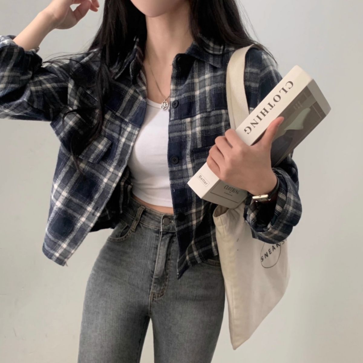 ベルシー Belle Cie シャツ 長袖 チェック クロップド丈 ショート丈 羽織り 春秋 冬 レディース 韓国ファッション 大人カジュアル くすみカラー チェックシャツ 短丈 （ベージュ） ベージュ
