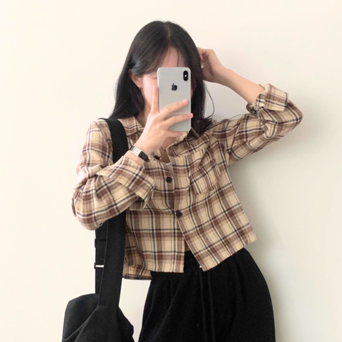 ベルシー Belle Cie シャツ 長袖 チェック クロップド丈 ショート丈 羽織り 春秋 冬 レディース 韓国ファッション 大人カジュアル くすみカラー チェックシャツ 短丈 （ベージュ） ベージュ