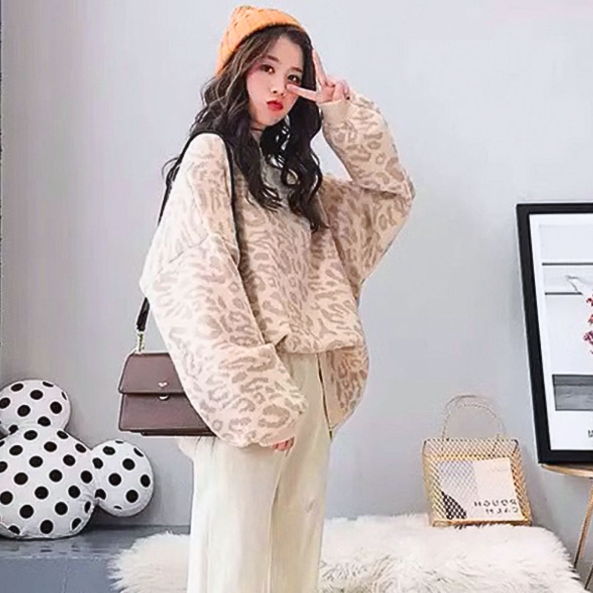 ベルシー Belle Cie ニット レオパード プルオーバー トップス ひょう ゆったり 総柄 レディース 韓国ファッション ストリート ダンス おしゃれ オーバーサイズ 秋冬 （パープル） パープル