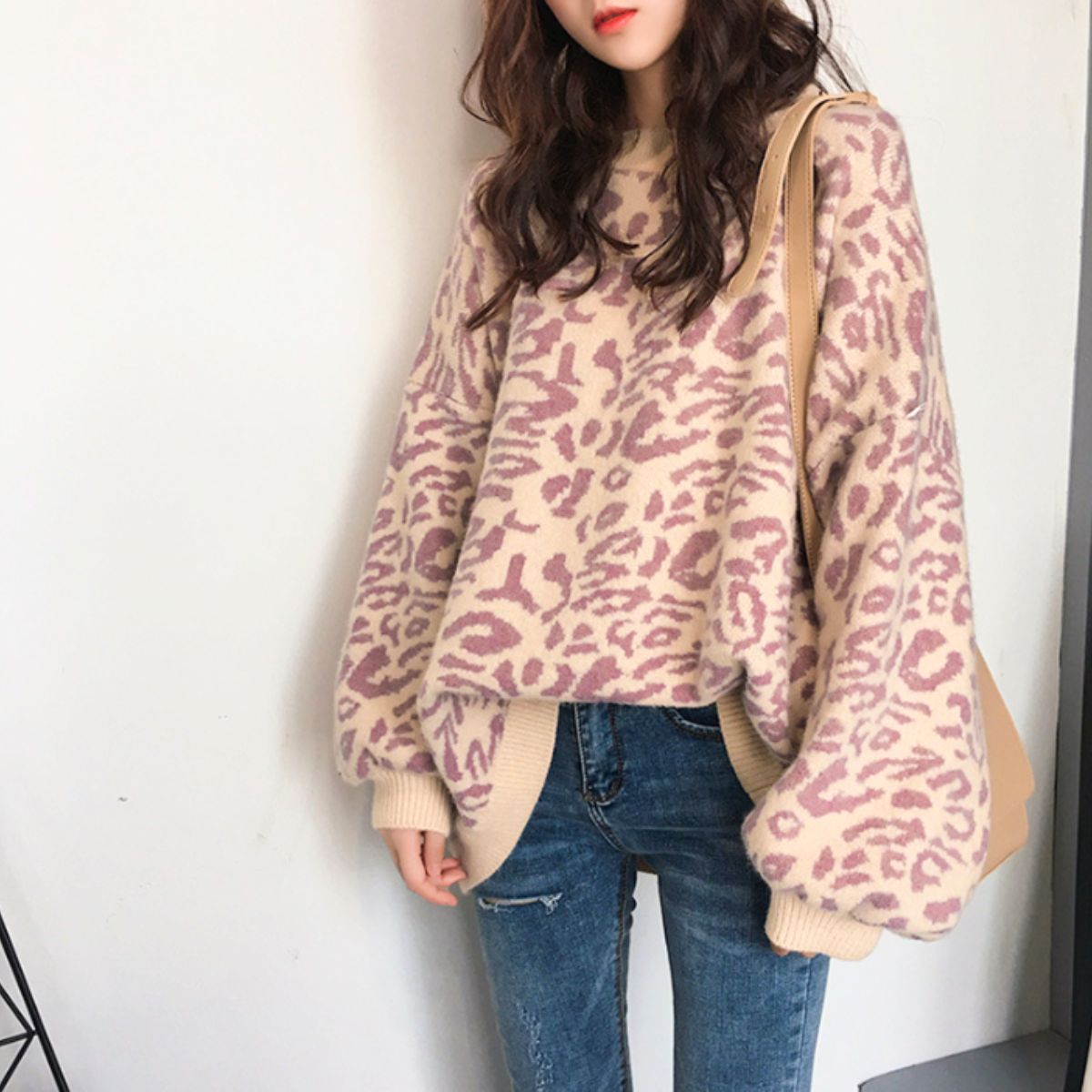 ベルシー Belle Cie ニット レオパード プルオーバー トップス ひょう ゆったり 総柄 レディース 韓国ファッション ストリート ダンス おしゃれ オーバーサイズ 秋冬 （パープル） パープル