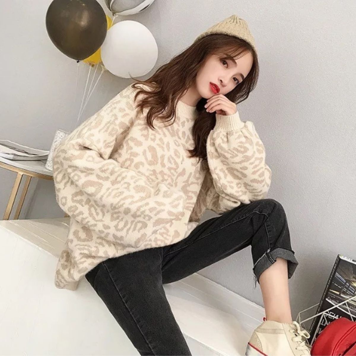 ベルシー Belle Cie ニット レオパード プルオーバー トップス ひょう ゆったり 総柄 レディース 韓国ファッション ストリート ダンス おしゃれ オーバーサイズ 秋冬 （ベージュ） ベージュ