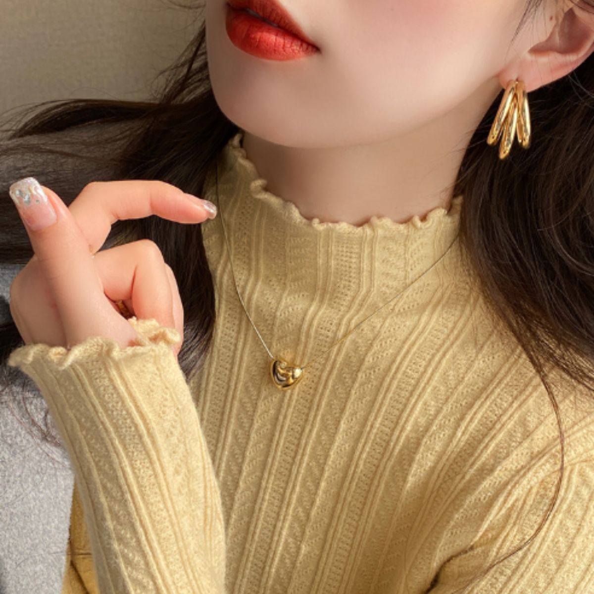 ベルシー Belle Cie ニット リブニット トップス ハイネック 薄手 メロウ フリル レディース 韓国ファッション フェミニン 重ね着 インナー 秋冬 あったか シンプル （マスタード） マスタード