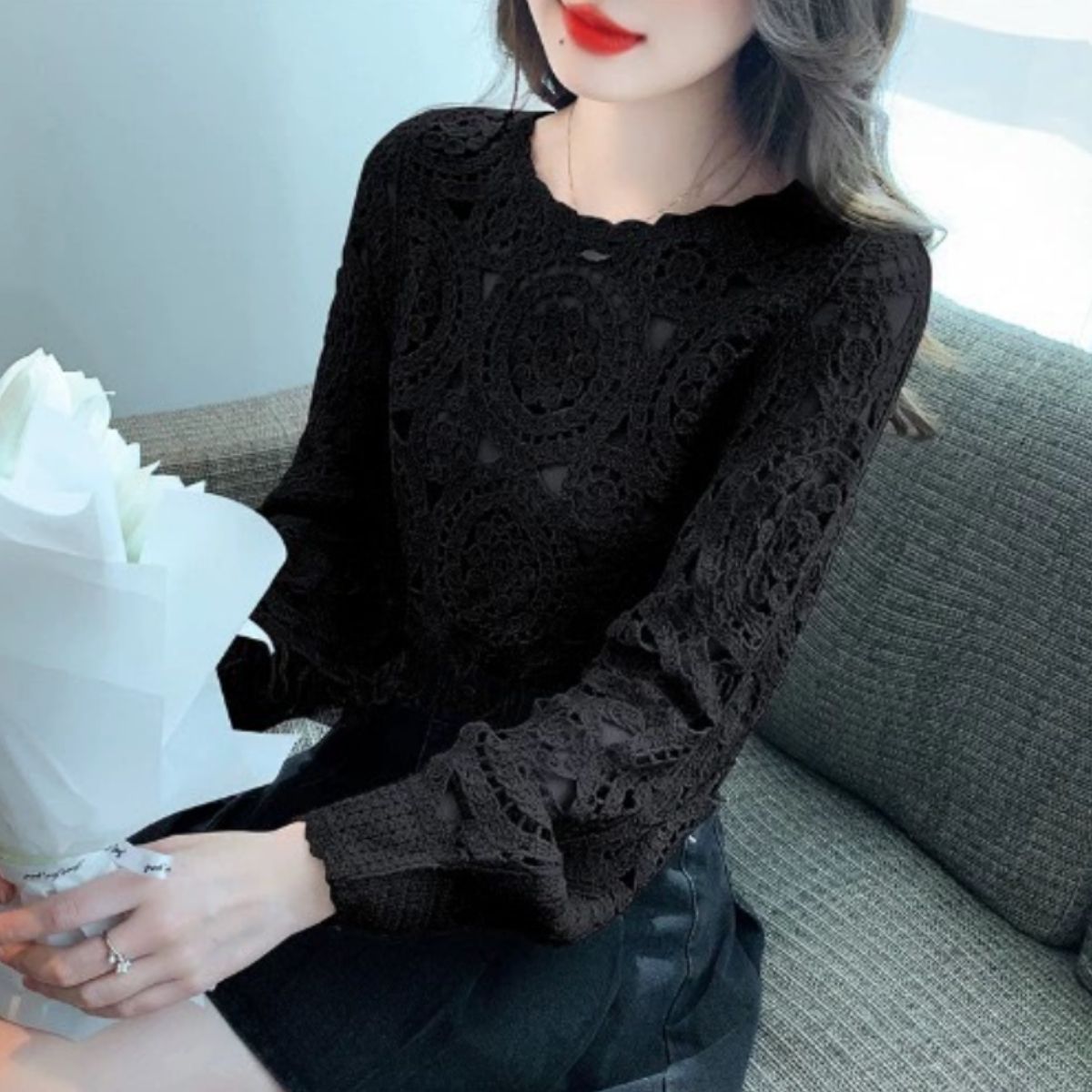 ベルシー Belle Cie トップス 長袖 ニット 透かし編み ラウンドヘム 総柄 ボヘミアン レディース フリンジ クロシェ レイヤード お出掛け 体型カバー リゾート 秋 （ブラック） ブラック