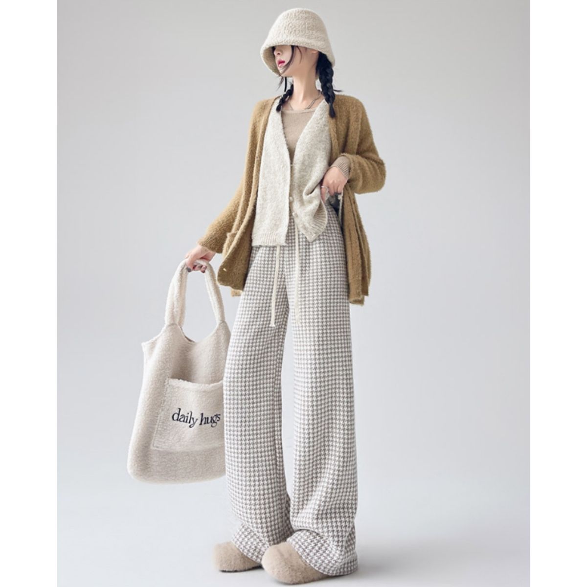 ベルシー Belle Cie ワイドパンツ ストレート 裏起毛 裏シャギー ウエストゴム チドリ レディース 韓国ファッション あったか 冬 極暖 防寒 楽ちん ルームウェア 柄 （モカ） モカ