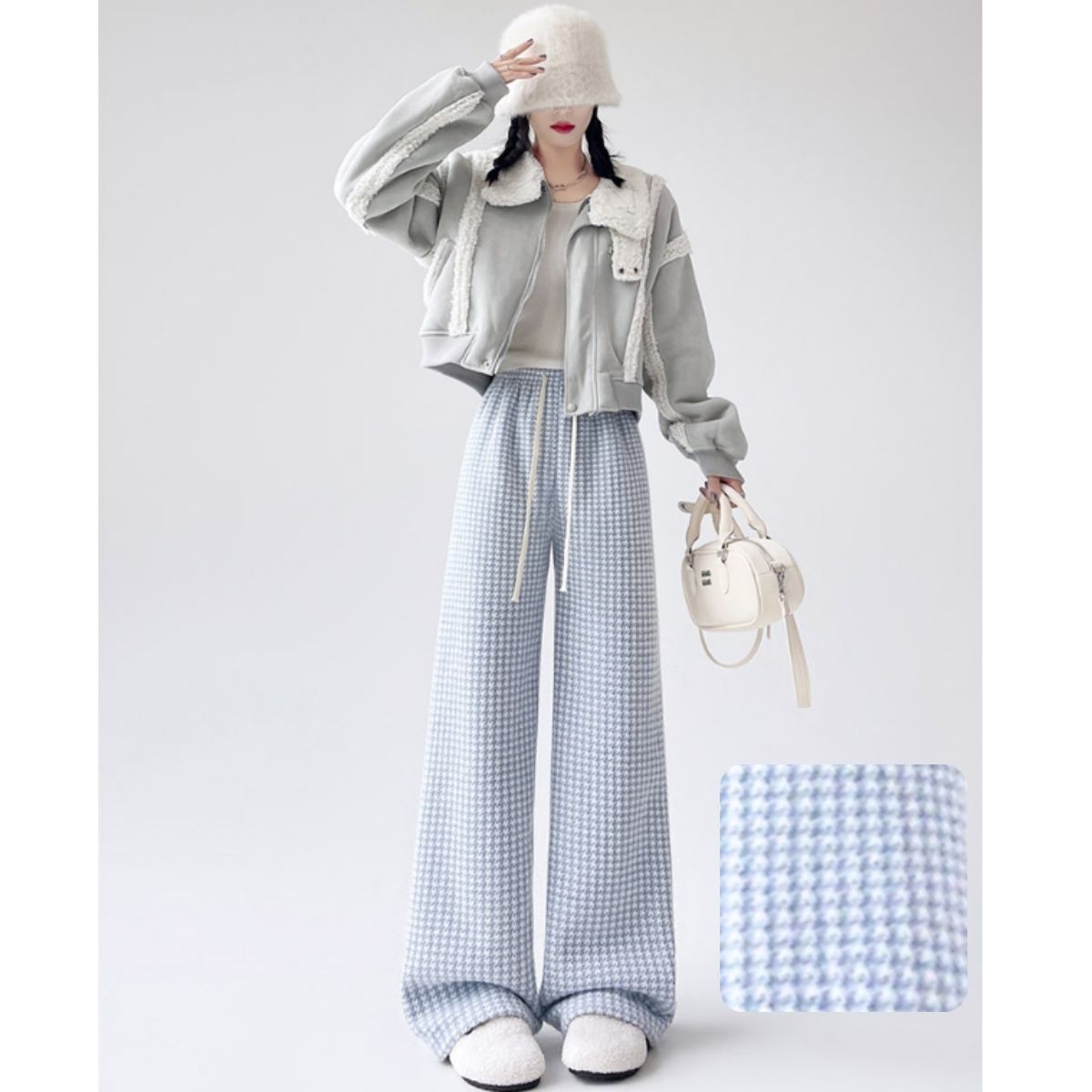 ベルシー Belle Cie ワイドパンツ ストレート 裏起毛 裏シャギー ウエストゴム チドリ レディース 韓国ファッション あったか 冬 極暖 防寒 楽ちん ルームウェア 柄 （モカ） モカ