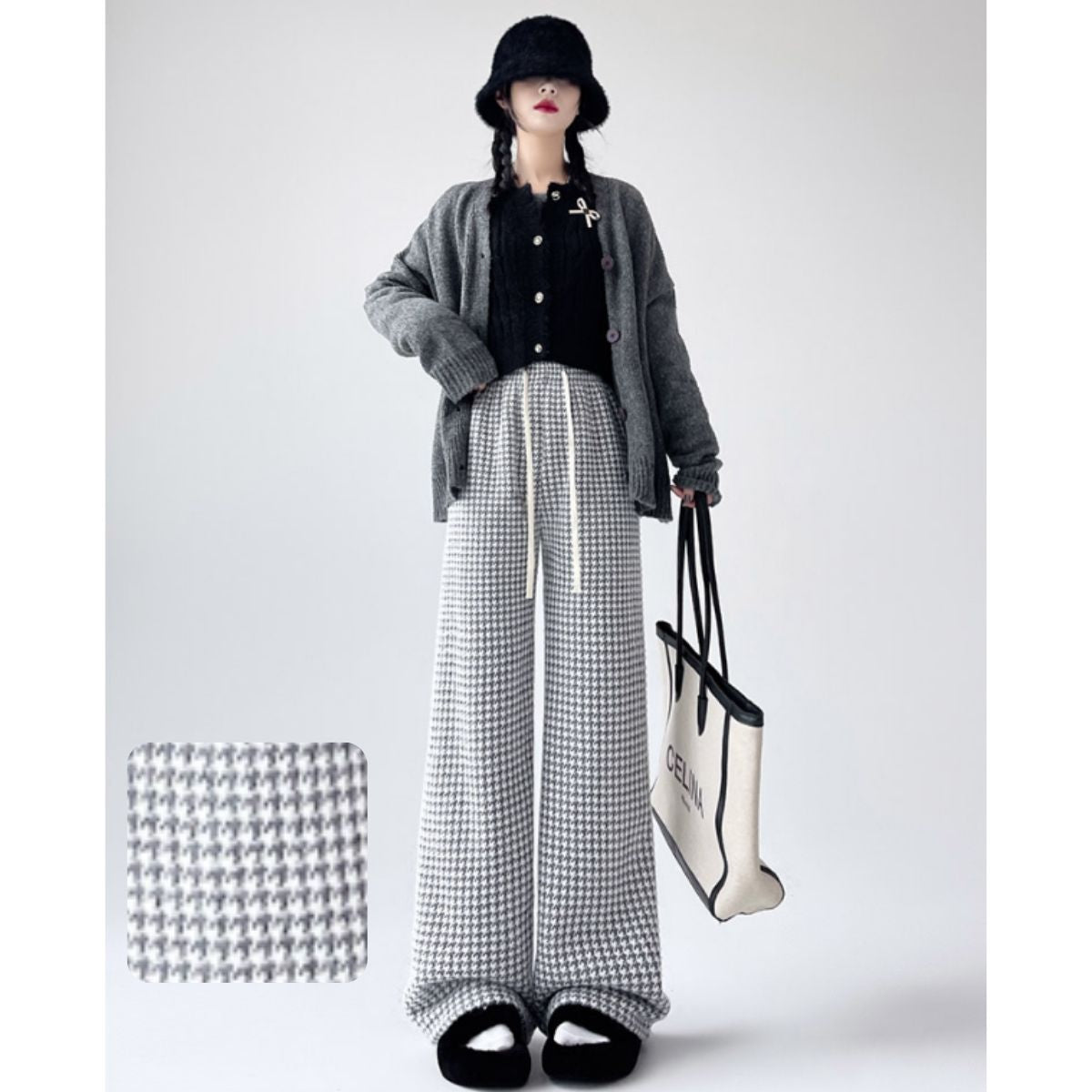 ベルシー Belle Cie ワイドパンツ ストレート 裏起毛 裏シャギー ウエストゴム チドリ レディース 韓国ファッション あったか 冬 極暖 防寒 楽ちん ルームウェア 柄 （モカ） モカ
