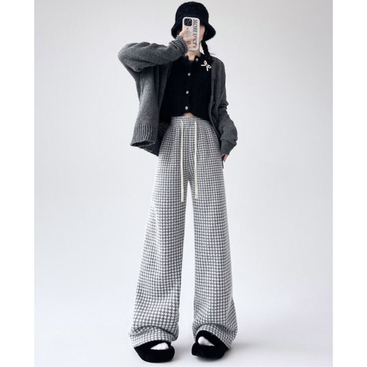 ベルシー Belle Cie ワイドパンツ ストレート 裏起毛 裏シャギー ウエストゴム チドリ レディース 韓国ファッション あったか 冬 極暖 防寒 楽ちん ルームウェア 柄 （モカ） モカ