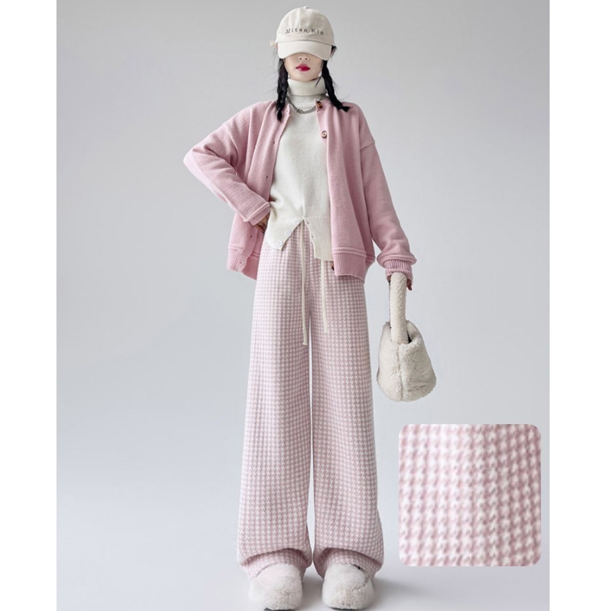 ベルシー Belle Cie ワイドパンツ ストレート 裏起毛 裏シャギー ウエストゴム チドリ レディース 韓国ファッション あったか 冬 極暖 防寒 楽ちん ルームウェア 柄 （モカ） モカ