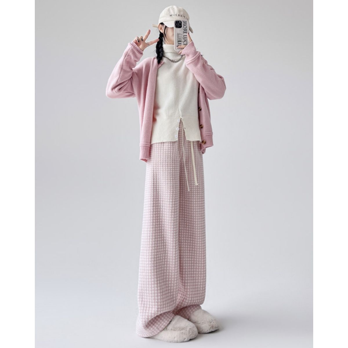 ベルシー Belle Cie ワイドパンツ ストレート 裏起毛 裏シャギー ウエストゴム チドリ レディース 韓国ファッション あったか 冬 極暖 防寒 楽ちん ルームウェア 柄 （モカ） モカ