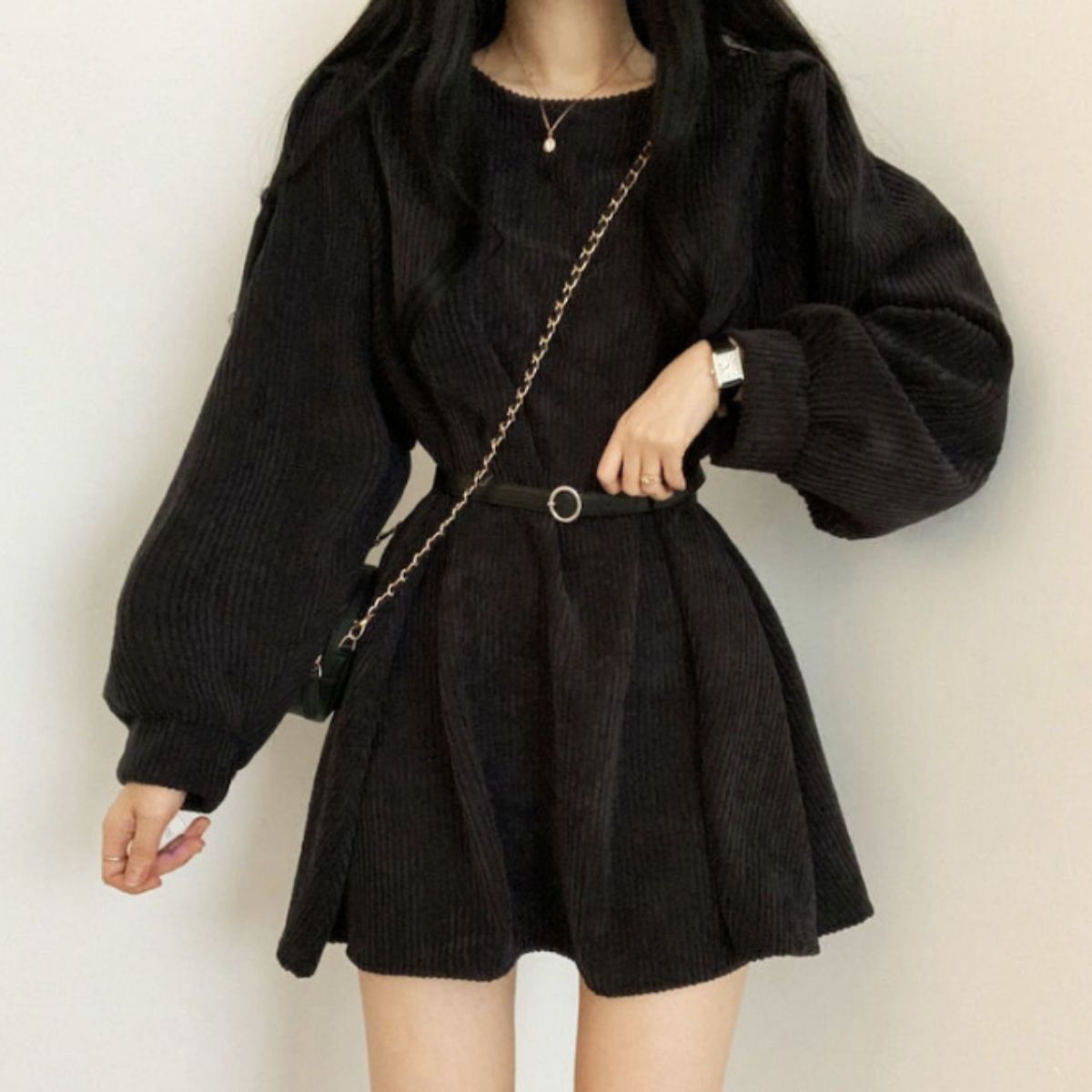 ベルシー Belle Cie ワンピース ミニワンピ 長袖 コーデュロイ フレア ベルト 秋冬 レディース 韓国ファッション Aライン ウエストマーク 大人可愛い シンプル 無地 （ブラック） ブラック
