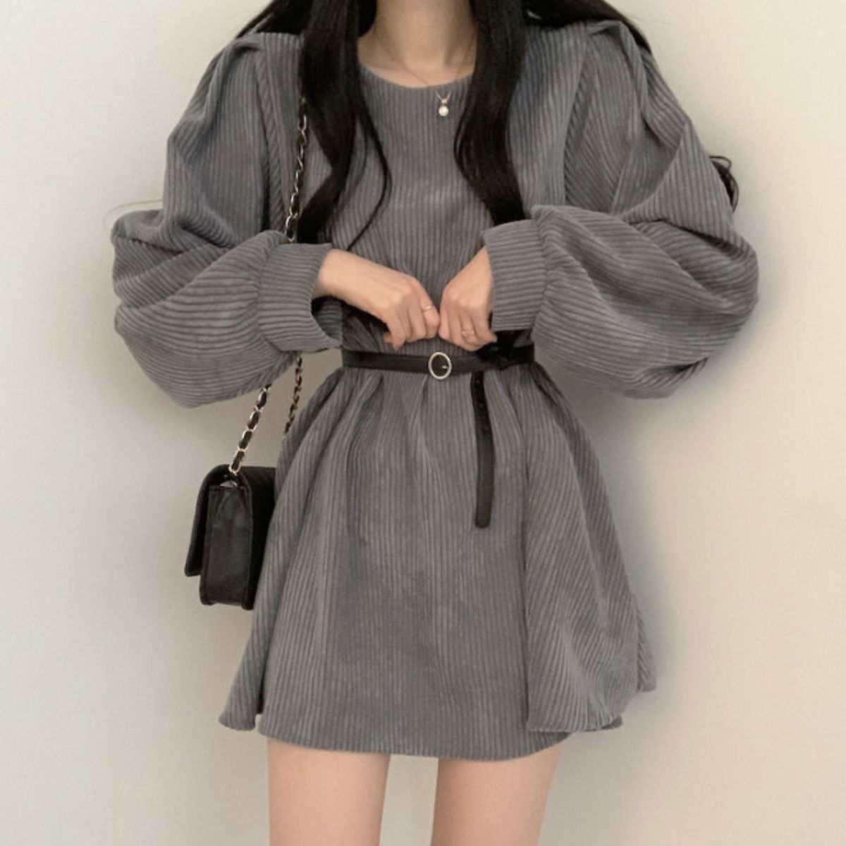 ベルシー Belle Cie ワンピース ミニワンピ 長袖 コーデュロイ フレア ベルト 秋冬 レディース 韓国ファッション Aライン ウエストマーク 大人可愛い シンプル 無地 （ブラック） ブラック