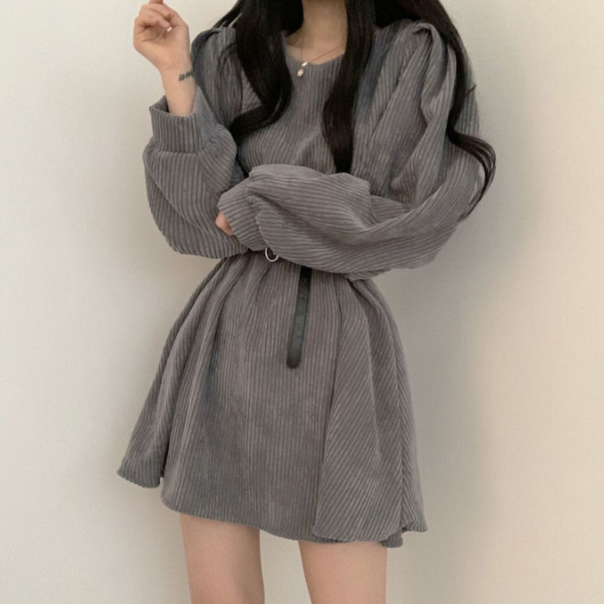 ベルシー Belle Cie ワンピース ミニワンピ 長袖 コーデュロイ フレア ベルト 秋冬 レディース 韓国ファッション Aライン ウエストマーク 大人可愛い シンプル 無地 （ブラック） ブラック
