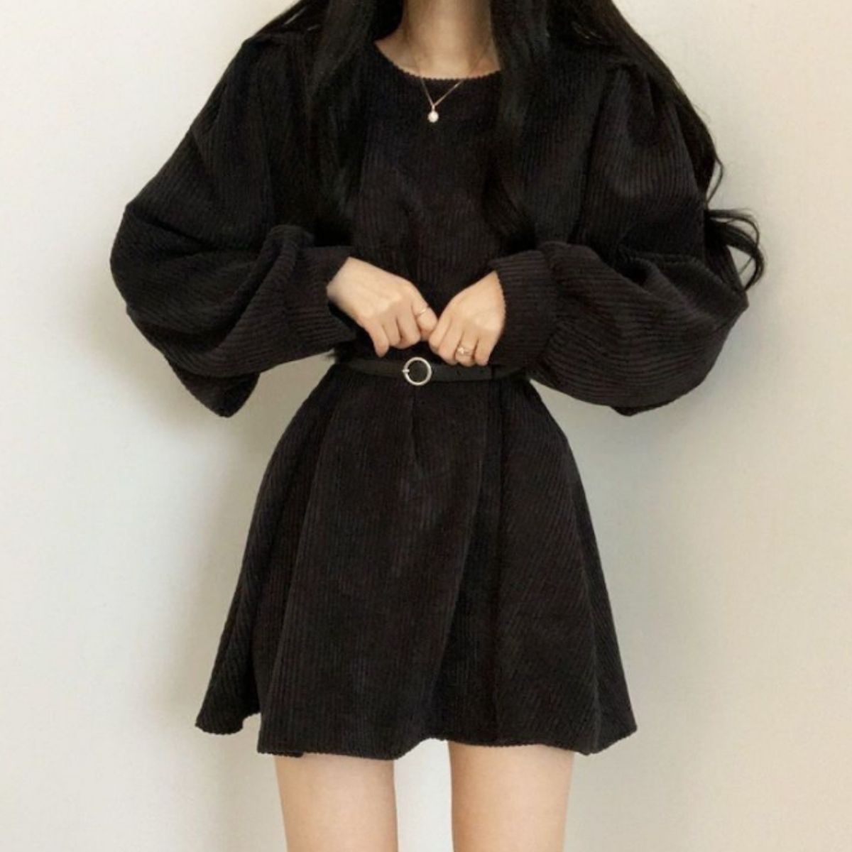 ベルシー Belle Cie ワンピース ミニワンピ 長袖 コーデュロイ フレア ベルト 秋冬 レディース 韓国ファッション Aライン ウエストマーク 大人可愛い シンプル 無地 （ブラック） ブラック