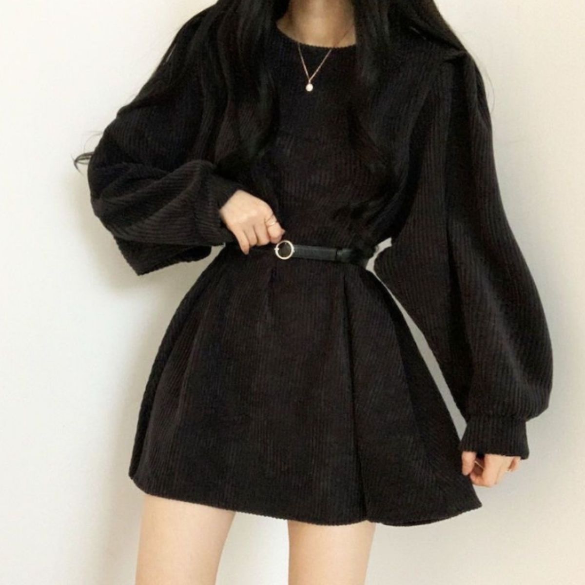 ベルシー Belle Cie ワンピース ミニワンピ 長袖 コーデュロイ フレア ベルト 秋冬 レディース 韓国ファッション Aライン ウエストマーク 大人可愛い シンプル 無地 （ブラック） ブラック