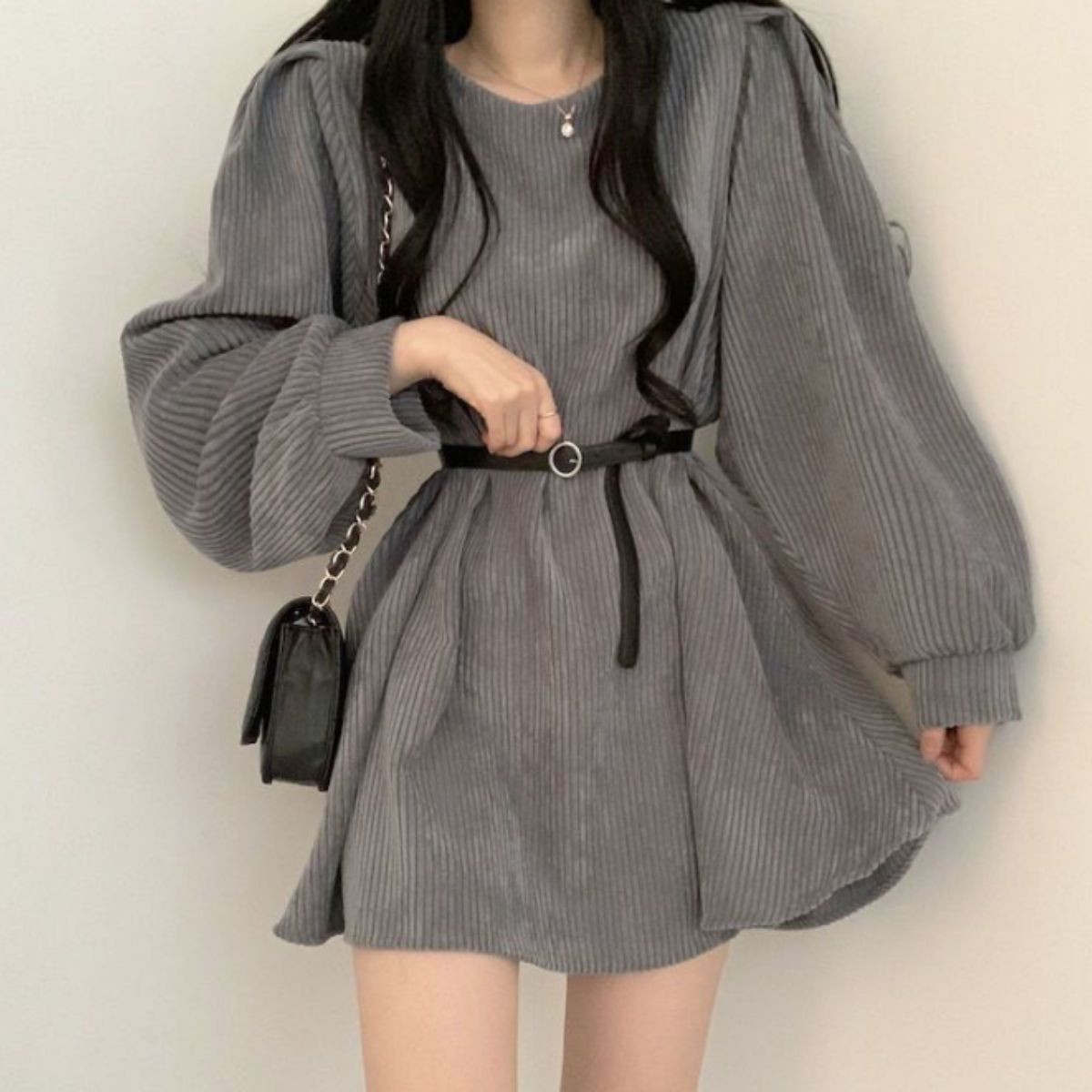 ベルシー Belle Cie ワンピース ミニワンピ 長袖 コーデュロイ フレア ベルト 秋冬 レディース 韓国ファッション Aライン ウエストマーク 大人可愛い シンプル 無地 （グレー） グレー