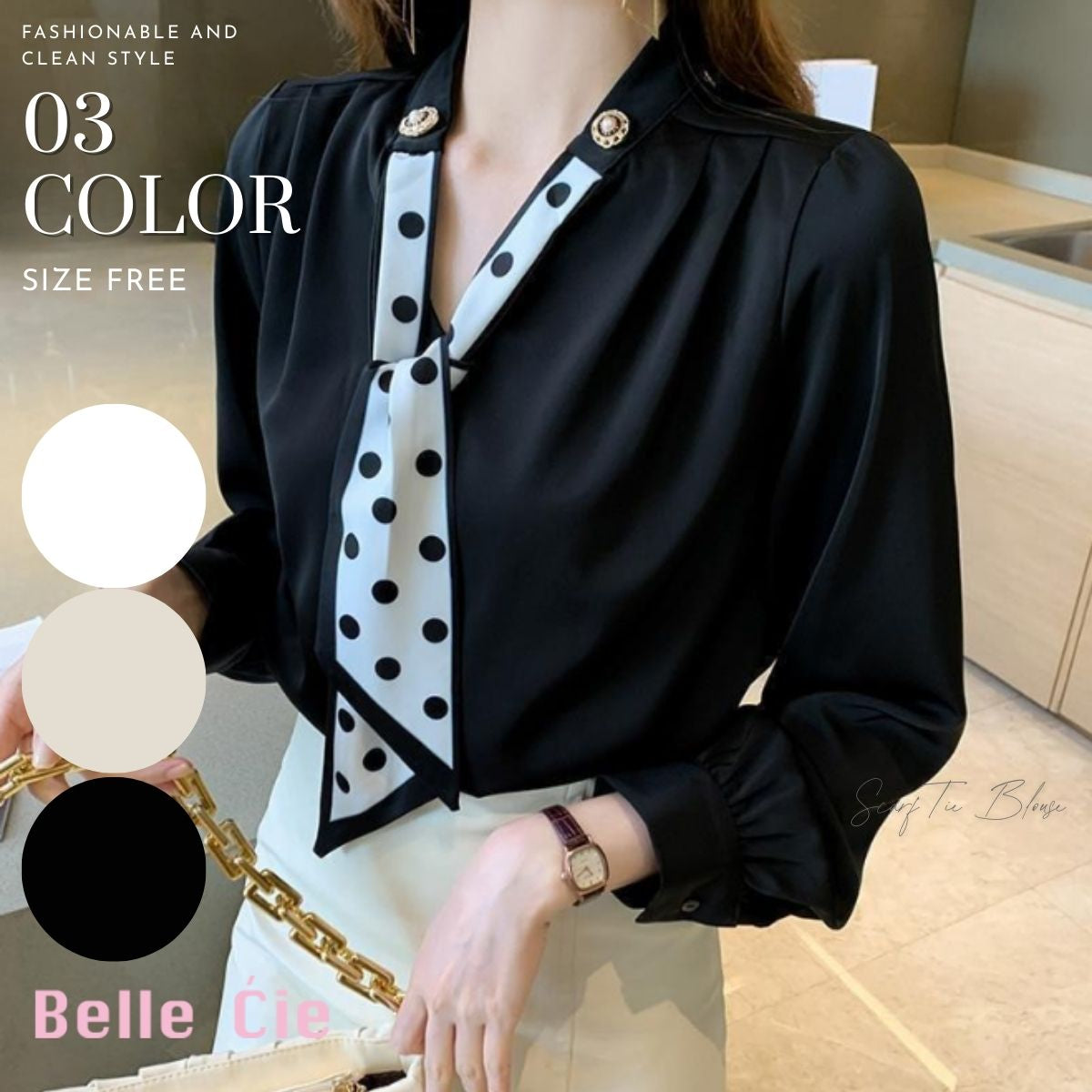 ベルシー Belle Cie ブラウス シャツ ボウタイ スカーフタイ 長袖 ドット フォーマル レディース 韓国ファッション きれいめ 飾り 入学式 オフィス 大人 セレモニー （ブラック） ブラック