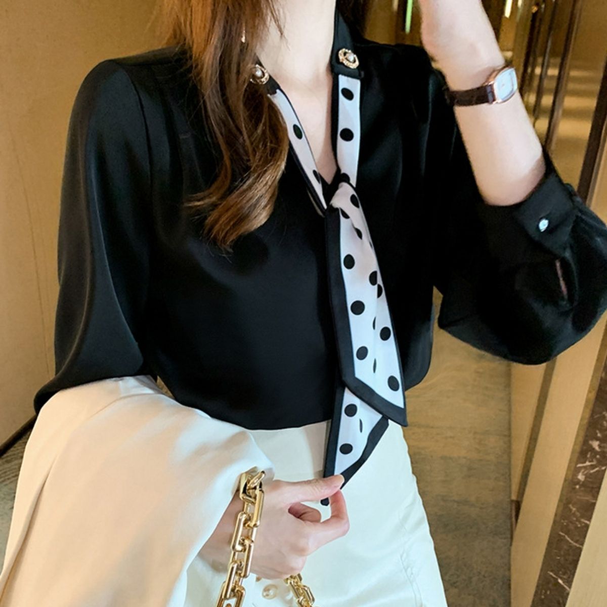 ベルシー Belle Cie ブラウス シャツ ボウタイ スカーフタイ 長袖 ドット フォーマル レディース 韓国ファッション きれいめ 飾り 入学式 オフィス 大人 セレモニー （ブラック） ブラック