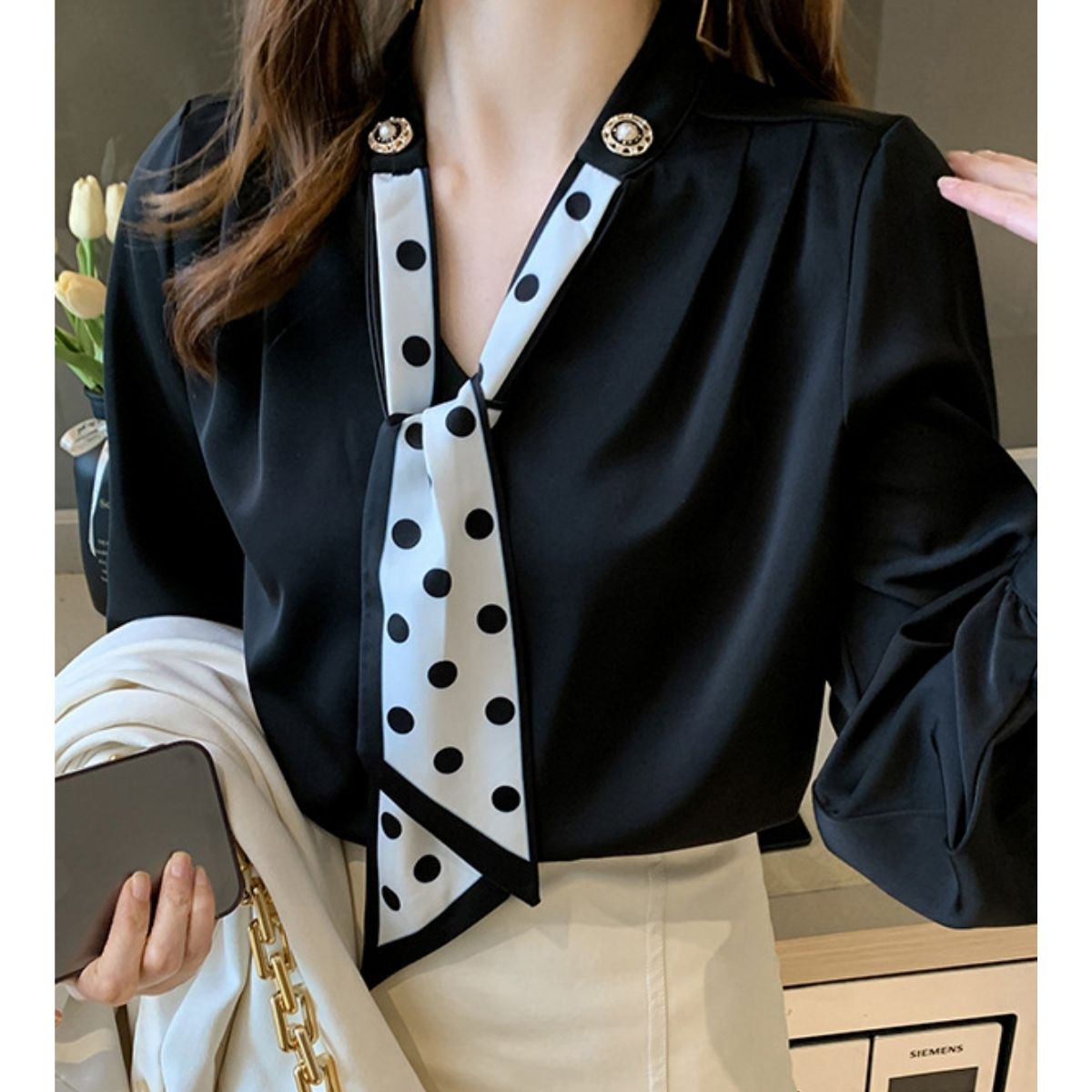 ベルシー Belle Cie ブラウス シャツ ボウタイ スカーフタイ 長袖 ドット フォーマル レディース 韓国ファッション きれいめ 飾り 入学式 オフィス 大人 セレモニー （ブラック） ブラック