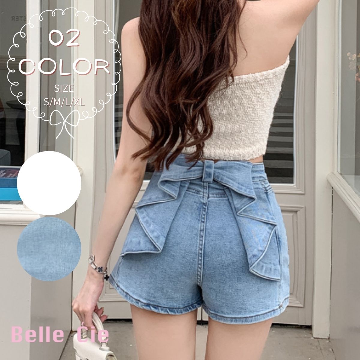 ベルシー Belle Cie ショートパンツ ボトム ミニ ショート ショーパン リボン 無地 レディース 韓国ファッション ガーリー 夏 スタイルアップ 小尻 おしゃれ 夏パン （ホワイト） ホワイト