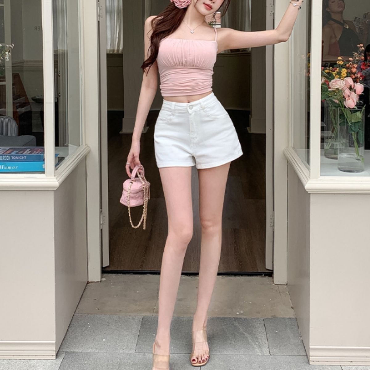 ベルシー Belle Cie ショートパンツ ボトム ミニ ショート ショーパン リボン 無地 レディース 韓国ファッション ガーリー 夏 スタイルアップ 小尻 おしゃれ 夏パン （ホワイト） ホワイト