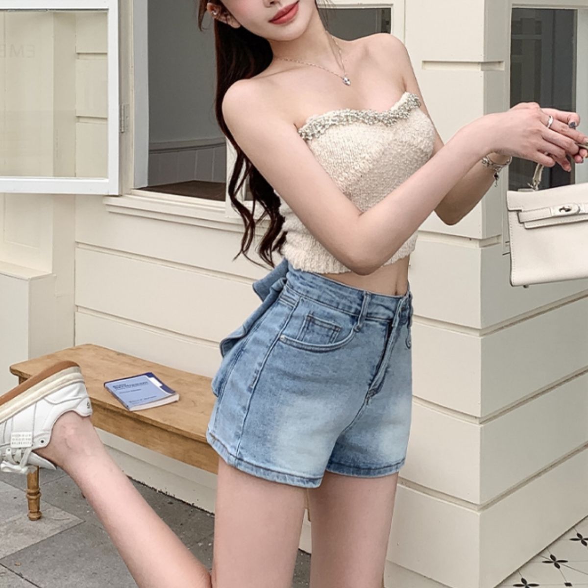 ベルシー Belle Cie ショートパンツ ボトム ミニ ショート ショーパン リボン 無地 レディース 韓国ファッション ガーリー 夏 スタイルアップ 小尻 おしゃれ 夏パン （ホワイト） ホワイト
