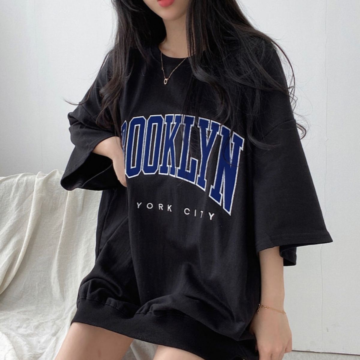ベルシー Belle Cie Tシャツ チュニック カットソー 半袖 5分袖 半端袖 ゆるT レディース 韓国ファッション カジュアル 大きめ カレッジロゴ 体型カバー ゆったり （ブラック） ブラック