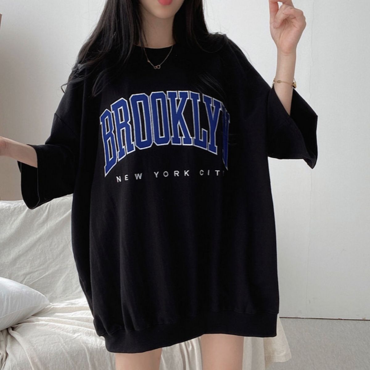 ベルシー Belle Cie Tシャツ チュニック カットソー 半袖 5分袖 半端袖 ゆるT レディース 韓国ファッション カジュアル 大きめ カレッジロゴ 体型カバー ゆったり （ブラック） ブラック