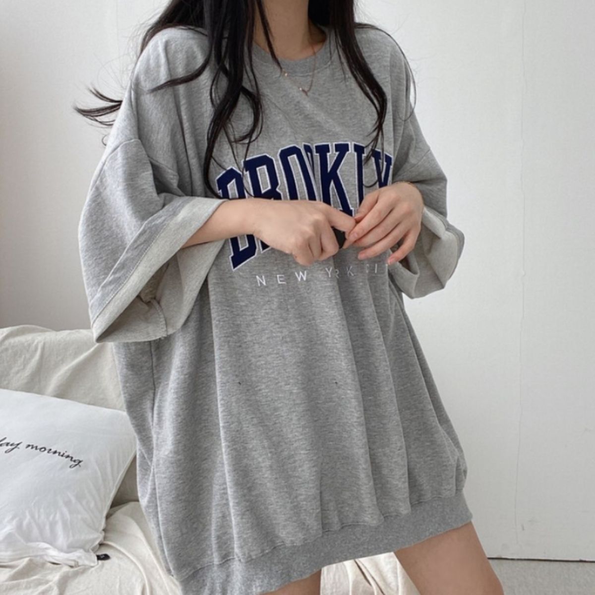 ベルシー Belle Cie Tシャツ チュニック カットソー 半袖 5分袖 半端袖 ゆるT レディース 韓国ファッション カジュアル 大きめ カレッジロゴ 体型カバー ゆったり （ブラック） ブラック