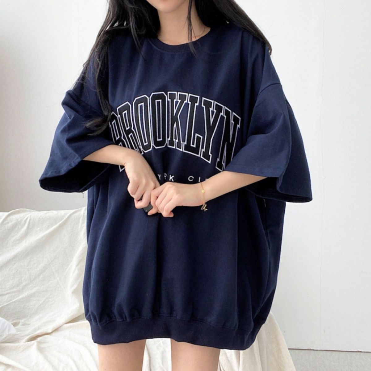 ベルシー Belle Cie Tシャツ チュニック カットソー 半袖 5分袖 半端袖 ゆるT レディース 韓国ファッション カジュアル 大きめ カレッジロゴ 体型カバー ゆったり （ネイビー） ネイビー