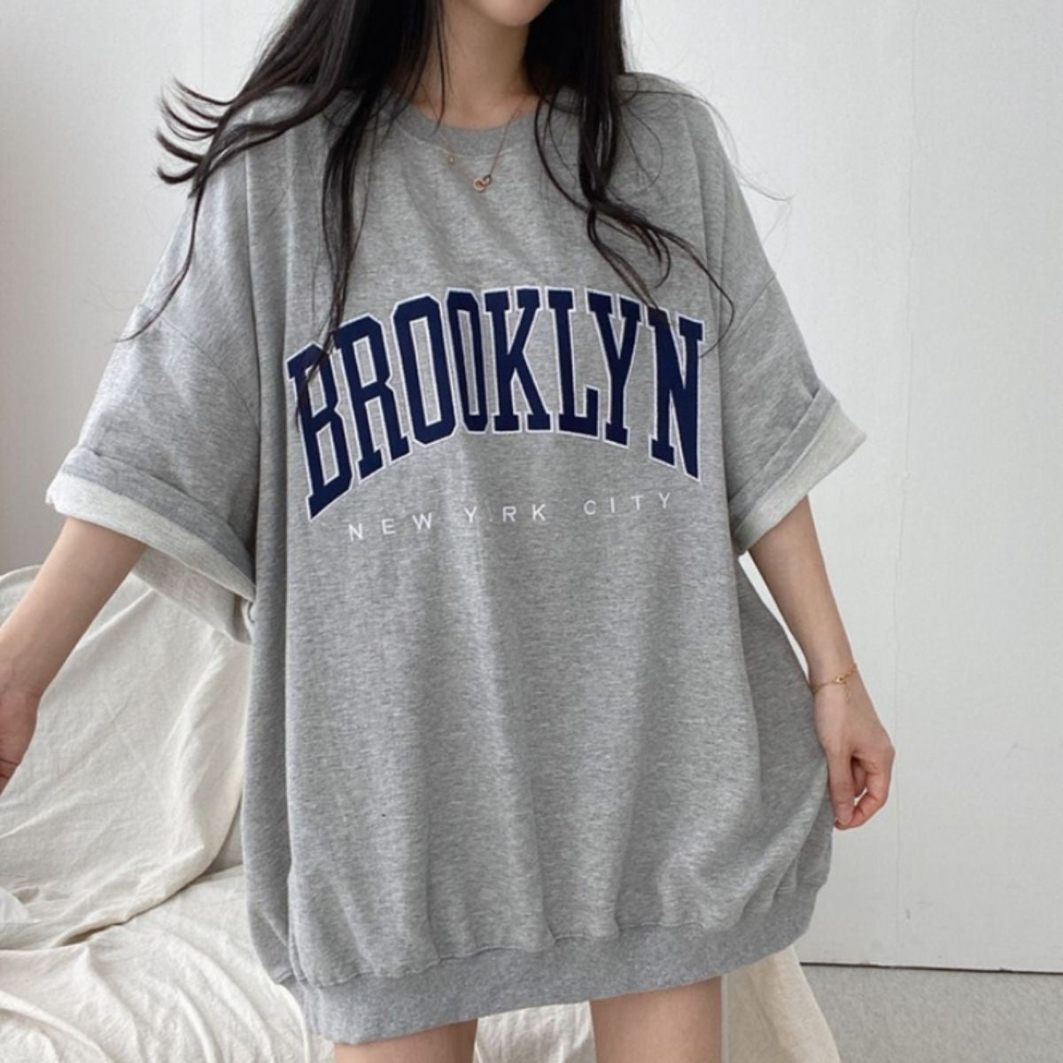 ベルシー Belle Cie Tシャツ チュニック カットソー 半袖 5分袖 半端袖 ゆるT レディース 韓国ファッション カジュアル 大きめ カレッジロゴ 体型カバー ゆったり （グレー） グレー