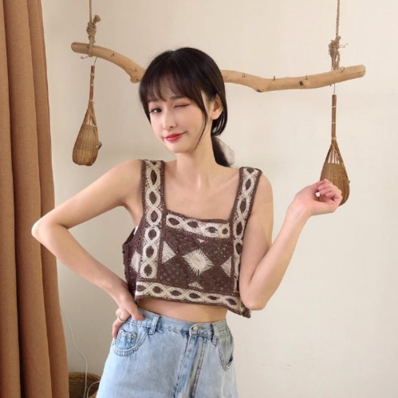 ベルシー Belle Cie クロシェ キャミ 多色 レイヤード ガーリー モチーフ ビスチェ フェミニン スクエアネック トレンド 人気 おしゃれ かわいい ボヘミアン 可愛い,ブラウン