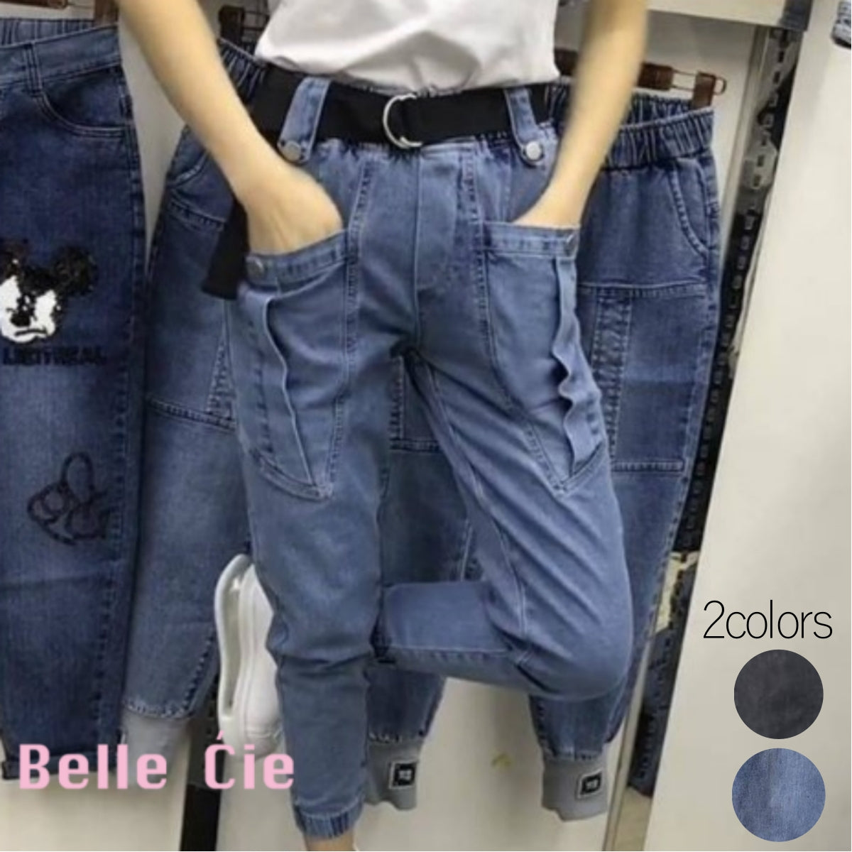 Belcy Belle Cie Cie牛仔夾式口袋腰部橡膠女士牛仔褲子涼爽的韓國時尚藍色牛仔布牛仔布