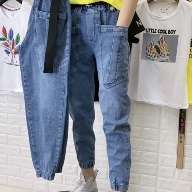 Belcy Belle Cie Cie牛仔夾式口袋腰部橡膠女士牛仔褲子涼爽的韓國時尚藍色牛仔布牛仔布