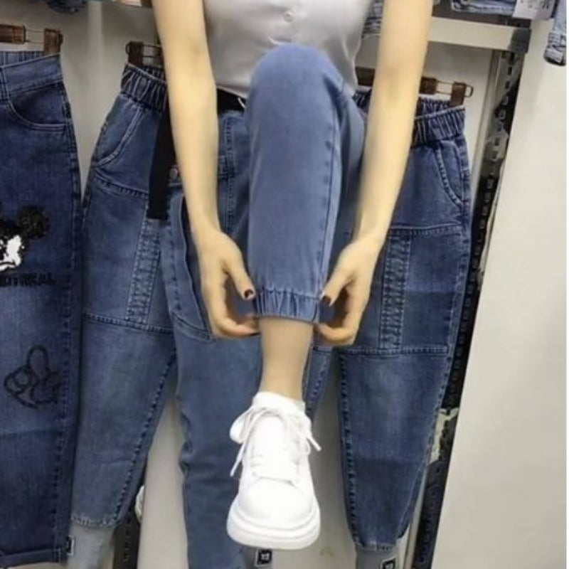 Belcy Belle Cie Cie牛仔夾式口袋腰部橡膠女士牛仔褲子涼爽的韓國時尚藍色牛仔布牛仔布