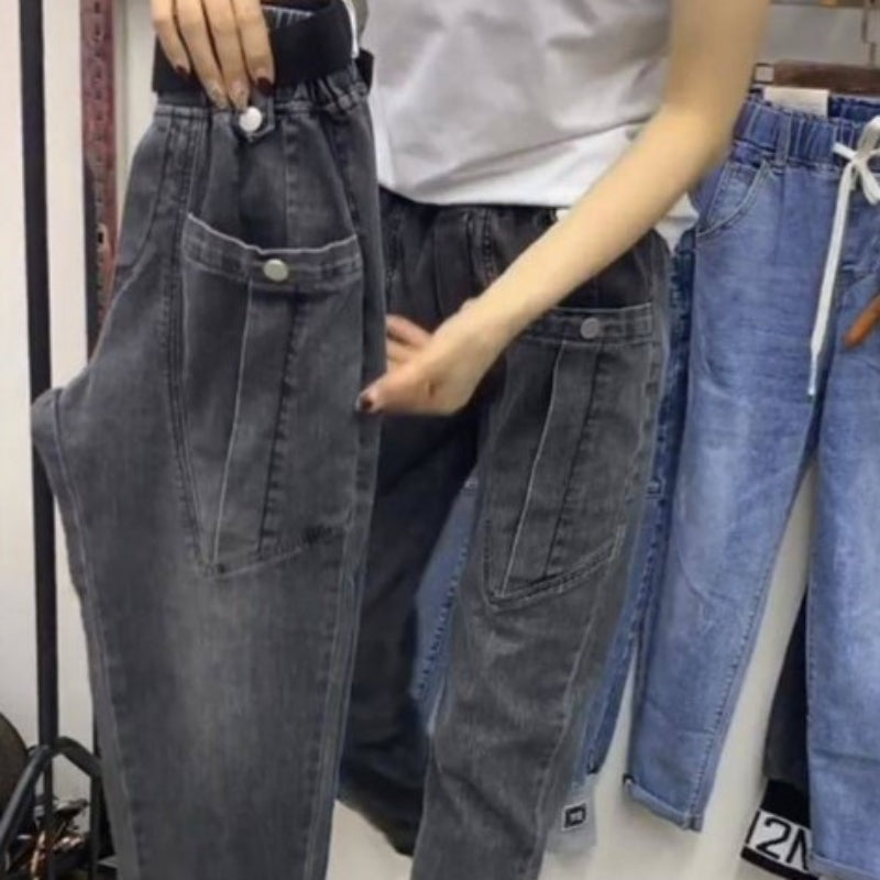 Belcy Belle Cie Cie牛仔夾式口袋腰部橡膠女士牛仔褲子涼爽的韓國時尚藍色牛仔布牛仔布