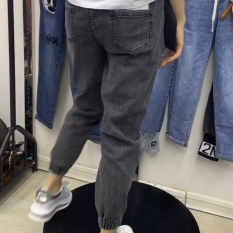 Belcy Belle Cie Cie牛仔夾式口袋腰部橡膠女士牛仔褲子涼爽的韓國時尚藍色牛仔布牛仔布