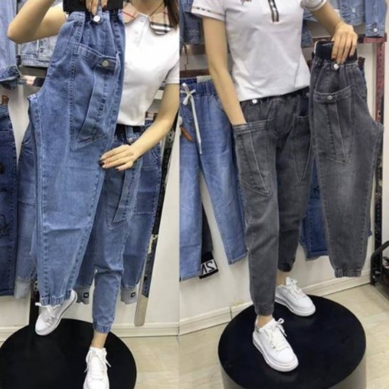 Belcy Belle Cie Cie牛仔夾式口袋腰部橡膠女士牛仔褲子涼爽的韓國時尚藍色牛仔布牛仔布