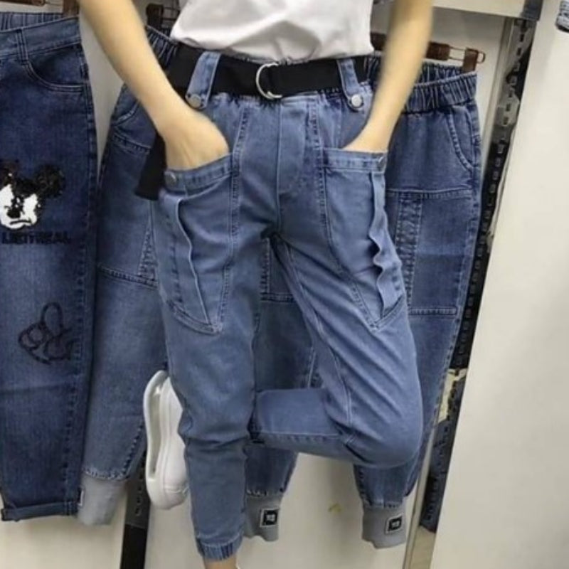 Belcy Belle Cie Cie牛仔夾式口袋腰部橡膠女士牛仔褲子涼爽的韓國時尚藍色牛仔布牛仔布
