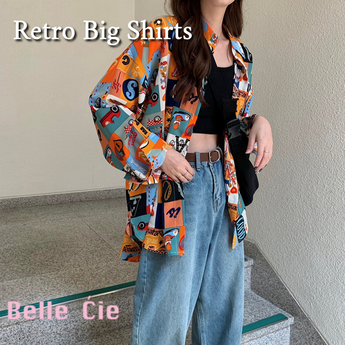 ベルシー Belle Cie レトロ柄ビッグシャツ レディース パネルプリント （オレンジ） オレンジ