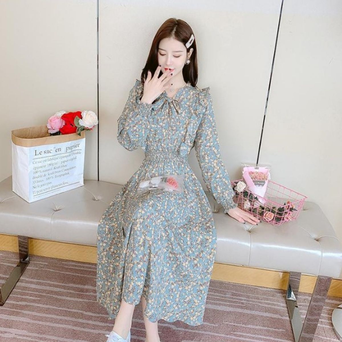 cute long sleeve dress Belle Cie Women's Dress Long Dress Floral Pattern Feminine Cute Long S