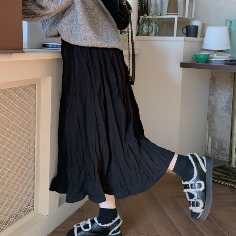 ベルシー Belle Cie ロングスカート フレアスカート レディース ワッシャー スカート ロング プリーツスカート プリーツ 加工 シワ感 ドレープ Aライン ウエストゴム ナチュラル ゆるコーデ ミモレ丈 体型カバー 低身長 ママ ゆったり ガーリー フェミニン 大人 おしゃれ 韓国 服 ホワイト 白 黒 春服 20代 30代 40代 50代 （ブラック） ブラック