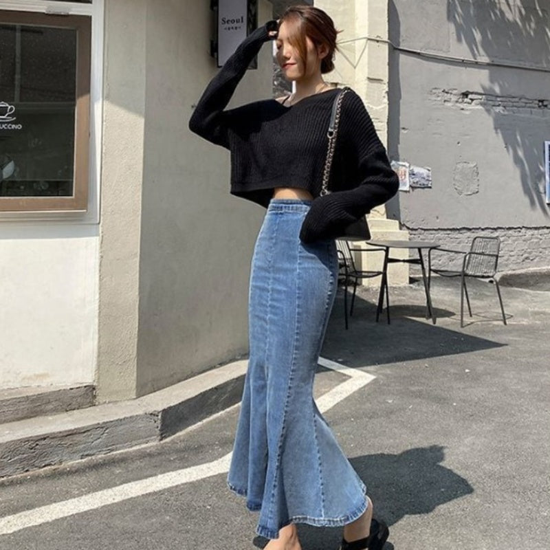 Belle Cie denim skirt, mermaid denim skirt, tight, flare, sexy, long skirt, stylish, cute, for adults, beautiful legs, high waist, stretch