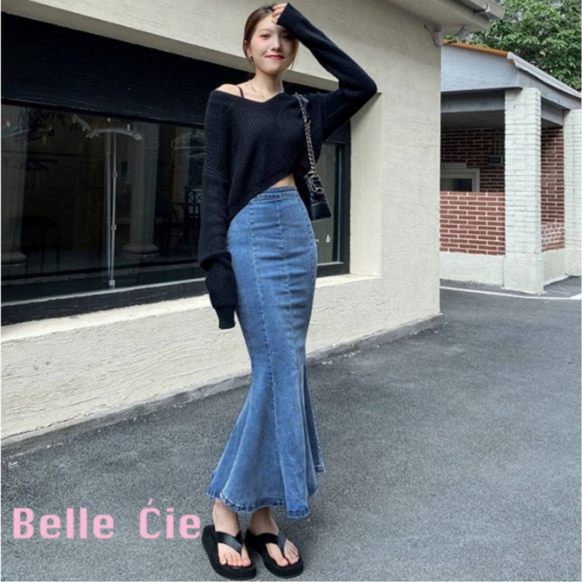 Belle Cie denim skirt, mermaid denim skirt, tight, flare, sexy, long skirt, stylish, cute, for adults, beautiful legs, high waist, stretch