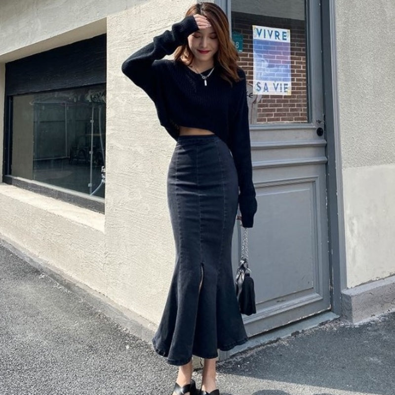 Belle Cie denim skirt, mermaid denim skirt, tight, flare, sexy, long skirt, stylish, cute, for adults, beautiful legs, high waist, stretch