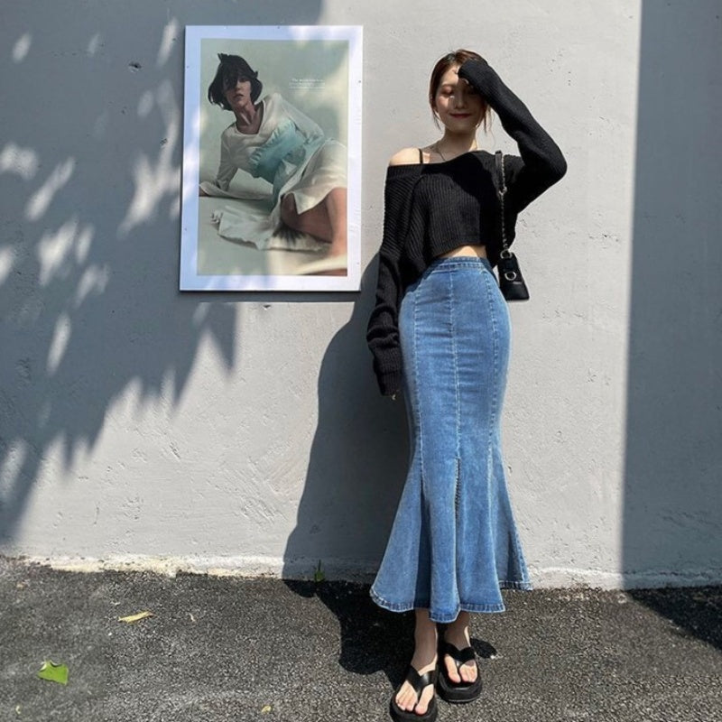 Belle Cie denim skirt, mermaid denim skirt, tight, flare, sexy, long skirt, stylish, cute, for adults, beautiful legs, high waist, stretch